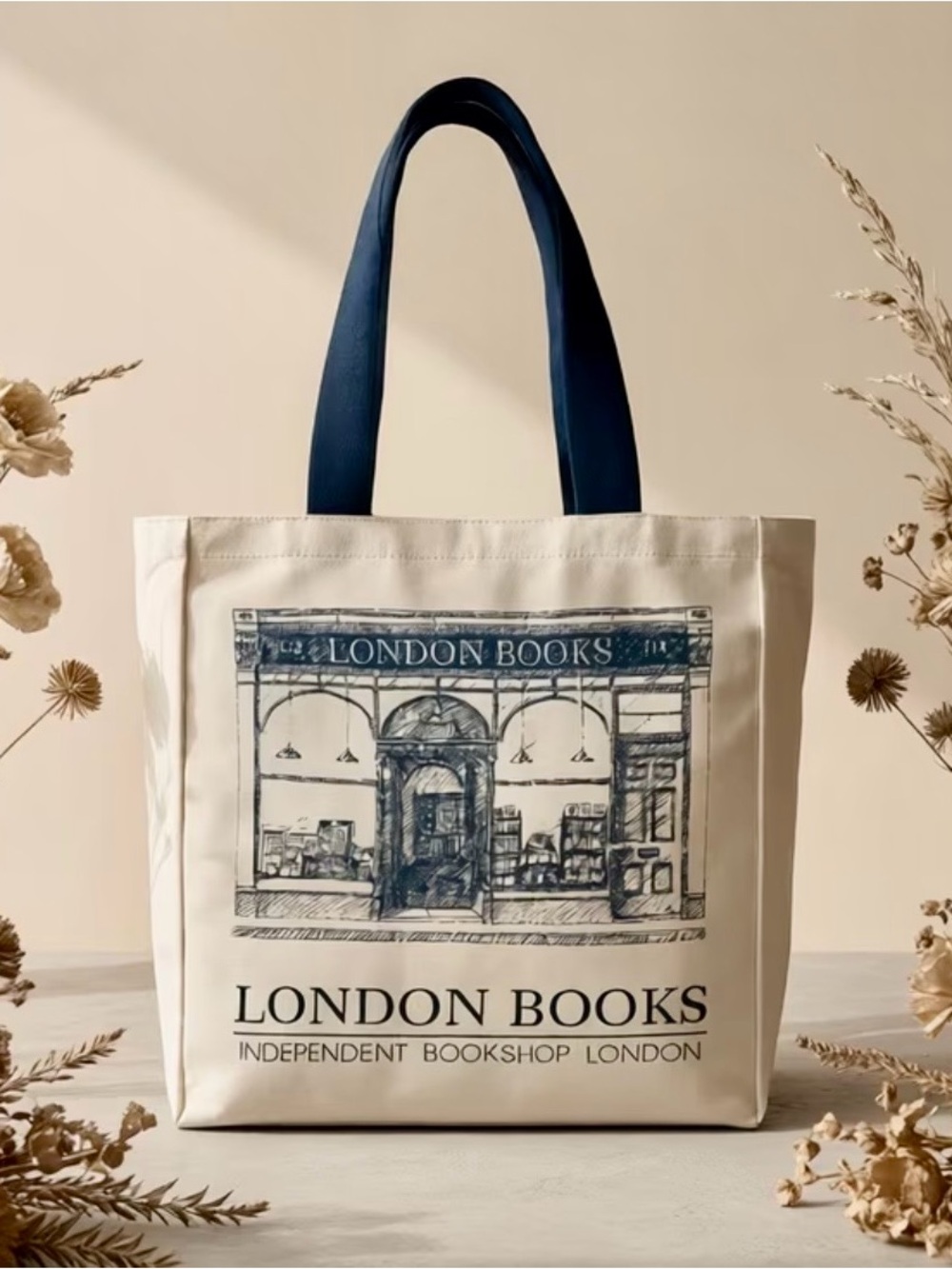 Canvas ZipperTote Bag w/Navy Handles & ‘London Books Independent Bookshop’Design